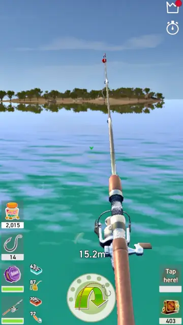 Fishing Club 3D: spöet och rullen när linan går ut över turkost vatten