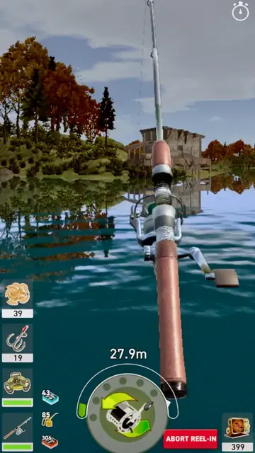 Fishing Club 3D: spöet böjs vid en strand med höstträd
