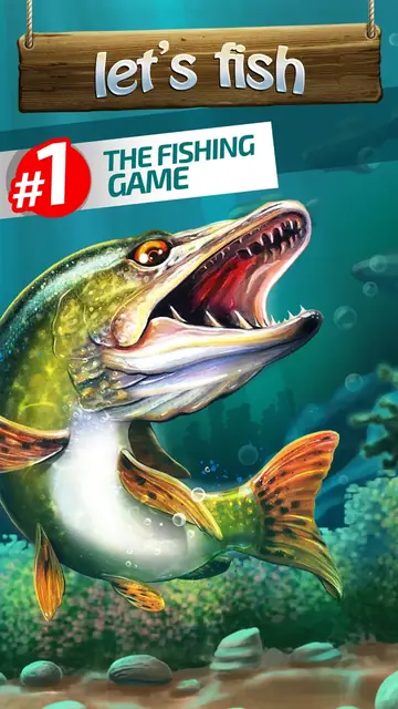 Let's Fish: spelets logotyp och en gädda under ytan