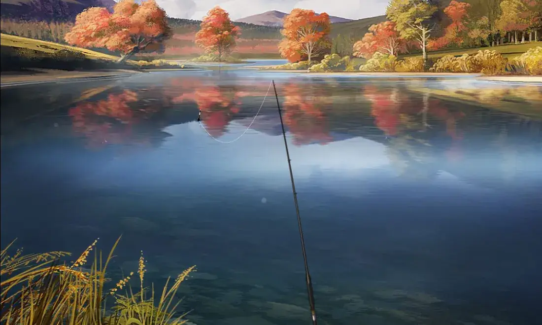 Höstsjö med spegelblankt vatten och ett fiskespö i förgrunden, stillbild ur Fishing World