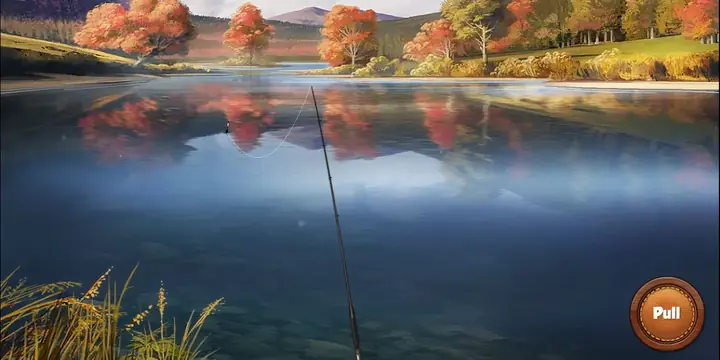 Fishing World: höstsjö med spegelblankt vatten och ett fiskespö
